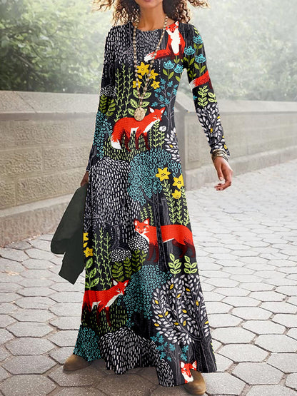 Fox in the Forest Graphic Vintage Cozy Maxi Dress artswardrobe