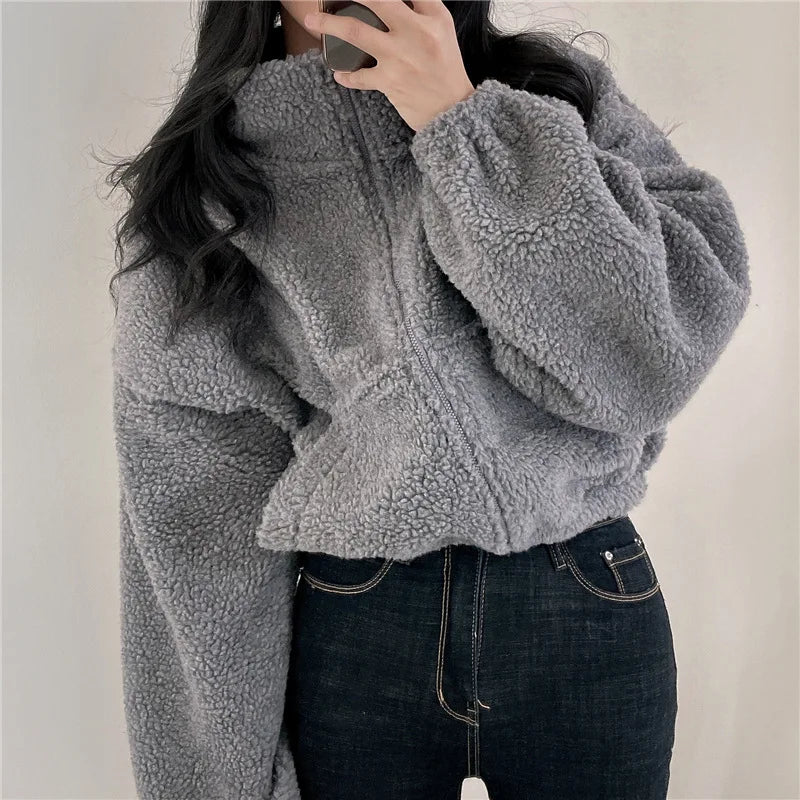 Leonor® | Chic women's sweater made of fleece with a stand-up collar and zipper