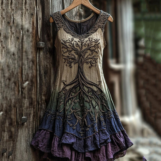 Women's Vintage  Viking Tree Of Life Color Gradient Linen Dress artswardrobe