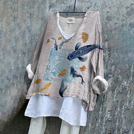 Marine Life Art Linen V-neck Shirt artswardrobe