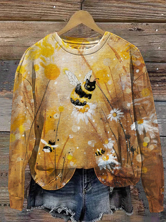 Comstylish Bee Cat & Floral Print Women's Casual Sweatshirt