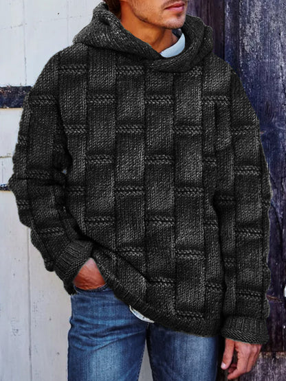 Men's Retro Woven Geometric Jacquard Cozy Hooded Sweater artswardrobe