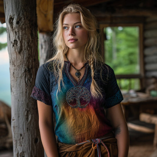 Comstylish Women's Vintage Viking Celtic Knot Embroidery Gradient Art Shirt