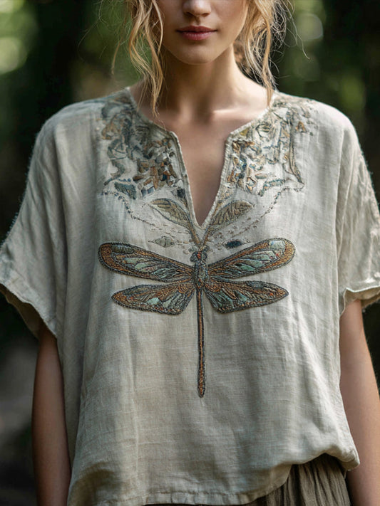 Comstylish Bohemian Style Plant And Flower Three-dimensional Embroidery Vintage V-neck Short-sleeved Shirt