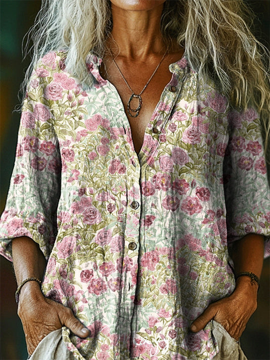 Women's Vintage Floral Tattoo Pattern Art Print Linen Cotton Casual Sh