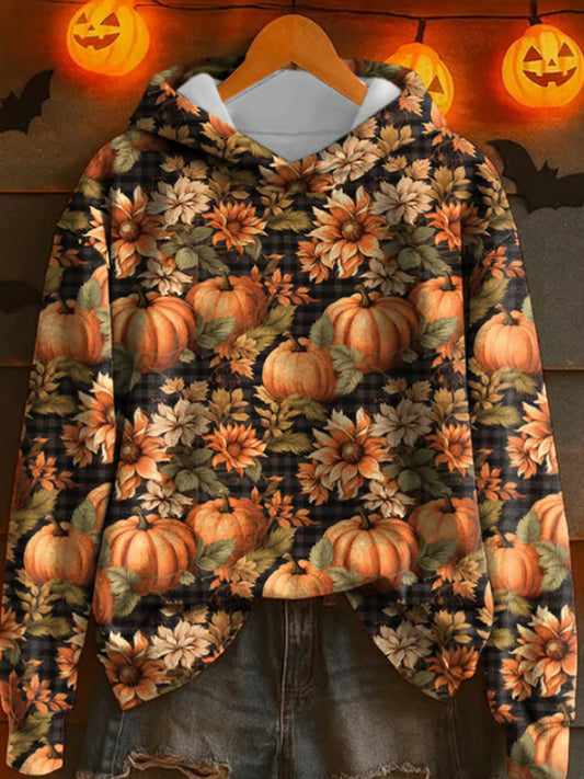 Women's Pumpkin Print Hooded Sweatshirt artswardrobe