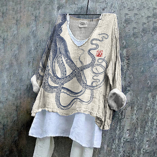 Comstylish Vintage Octopus Ink Style Art Cotton Linen V Neck Casual Shirt