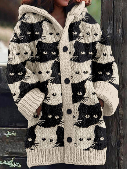 Lovely Cats Knit Art Cozy Hooded Cardigan elevenforest