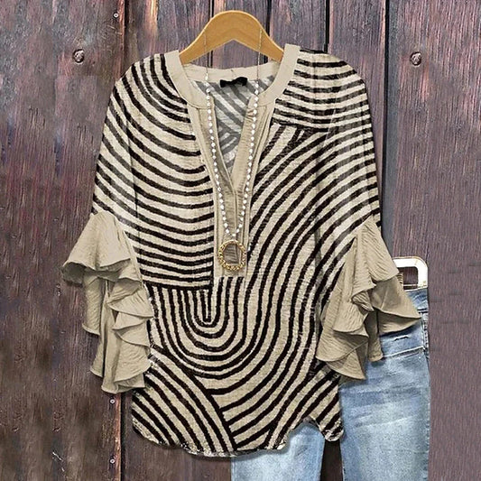 Comstylish Vintage Stripe Pattern Women's Linen Layered Lace Shirt