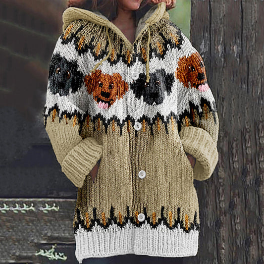 Vintage Cut Dog Iceland Jacquard Art Cozy Hooded Cardigan elevenforest