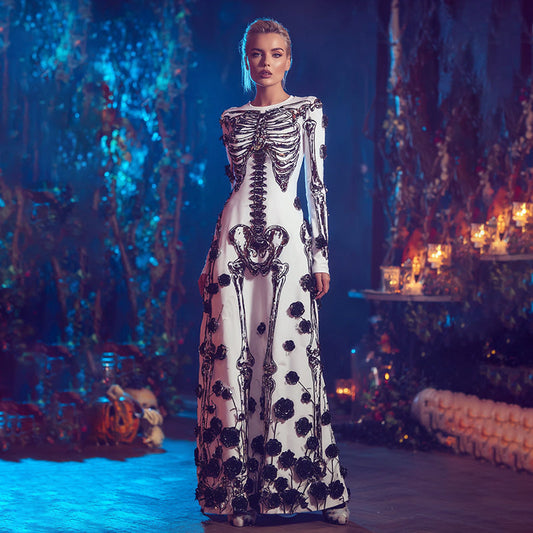 Comstylish Women's Halloween Skeleton Bones And Rose Velvet Maxi Dress