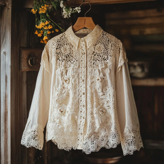 Comstylish Women's Retro Floral Lace Embroidery Art Lapel Shirt