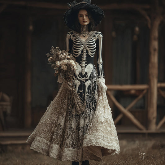 Comstylish Women's Halloween Skeleton And Flower V-neck Dress
