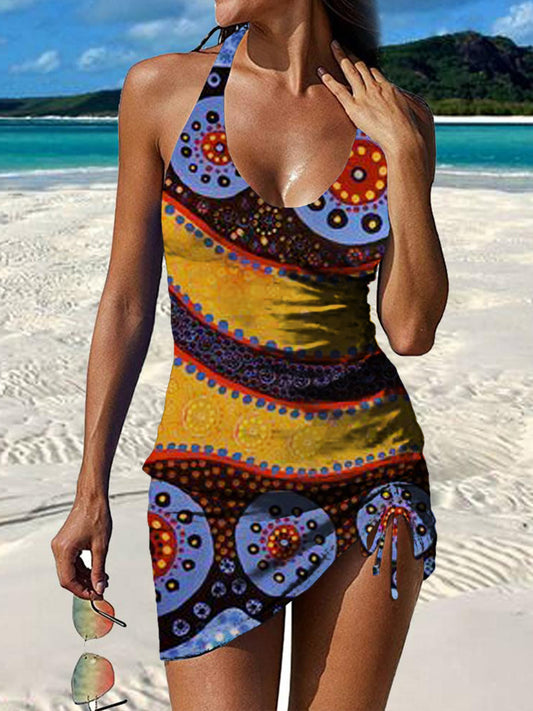 Vintage Anemone Flowers Print Pleated Drawstring V-neck Tankini Pantskirt Set Swimsuit