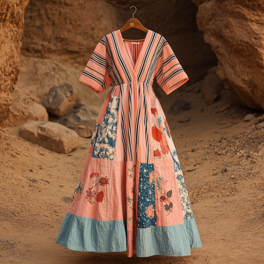 Women's Retro Striped Floral Stitching Cotton And Linen Short Sleeve Dress artswardrobe