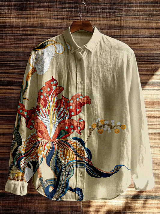 Vintage Floral Embroidered Linen Blend Cozy Blouse artswardrobe