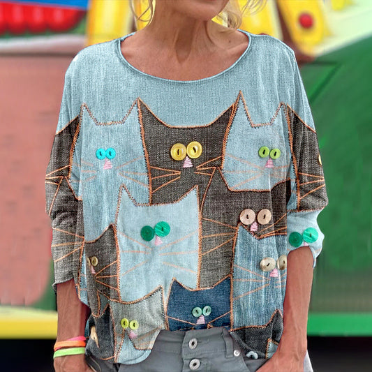 Comstylish Women's Abstract Geometric Cat Art Print Vintage Linen Crew Neck T-shirt