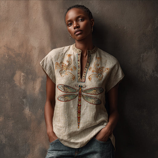Dragonfly Pattern Vintage V-neck Short-sleeved Shirt artswardrobe
