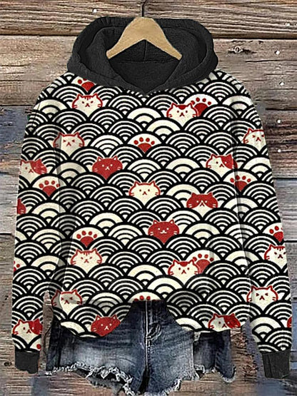 Cat Faces and Waves Japanese Art Print Cotton Cozy Hoodie elevenforest