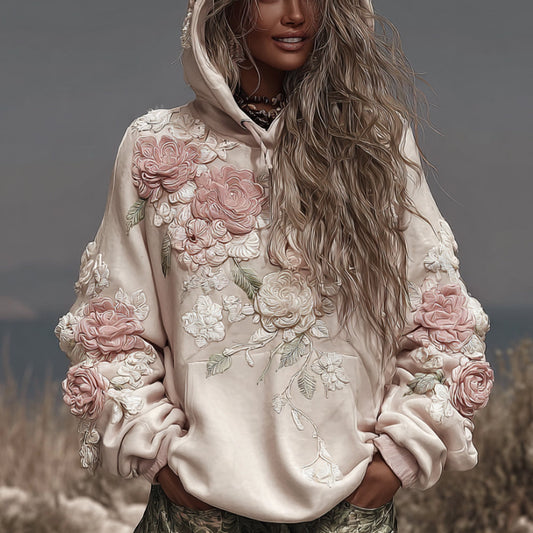 Comstylish Women's Rose Pattern White Casual Long-sleeved Sweatshirt