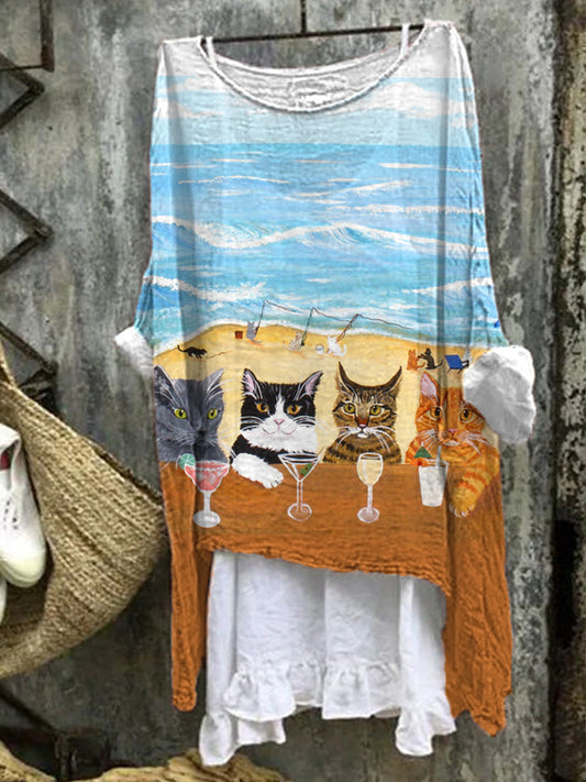 Comstylish Funny Cats Print Linen Blend Shirt