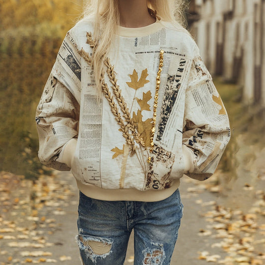 Comstylish Autumn Maple Leaf And Rice Ear Patchwork Color-contrast Sweatshirt