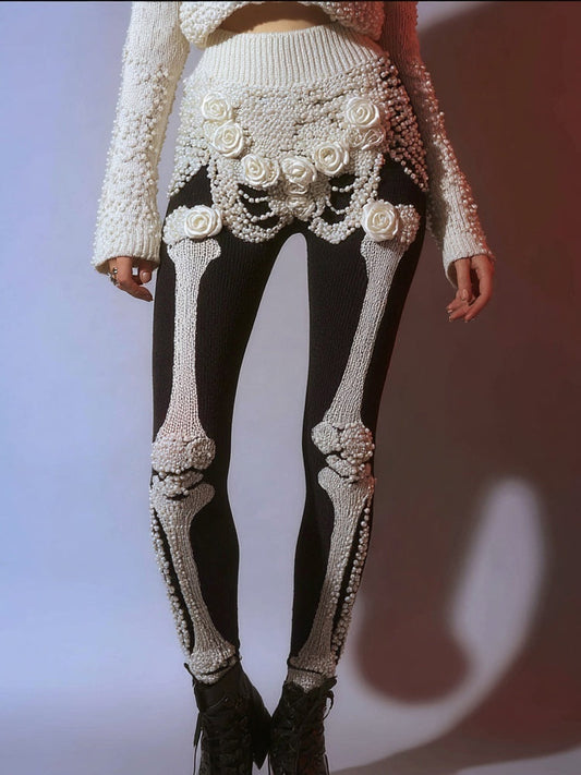 Comstylish Vintage Skeleton Roses Contrast Color Cozy Knit Leggings