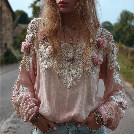 Women's Three-dimensional Flower Pattern Light Pink Vintage Casual Long-sleeved Top artswardrobe