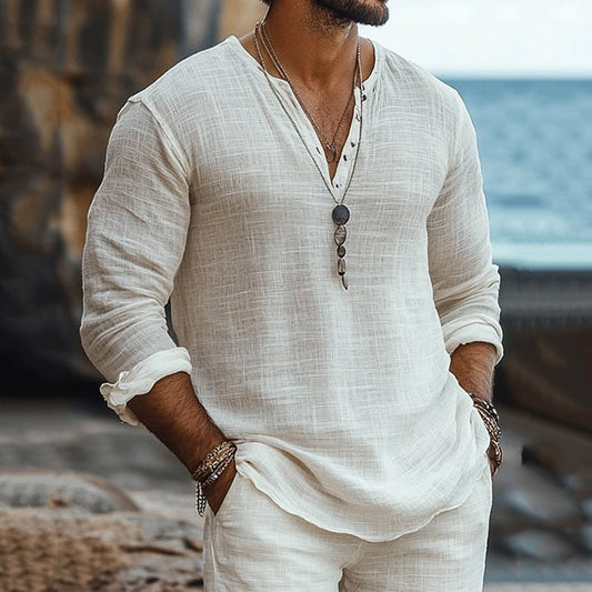 Men's Casual Fashion Solid Color Cotton And Linen Button Shirt artswardrobe