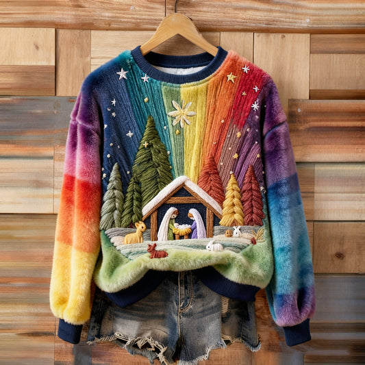Comstylish The Beauty Of The Christmas Story Embroidered Faith Art Fuzzy Plush Sweatshirt