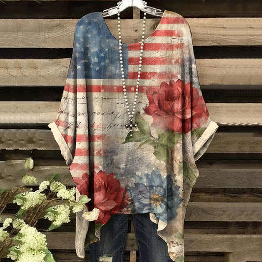 Comstylish Vintage Independence Day American Flag And Floral Art Irregular Shirt