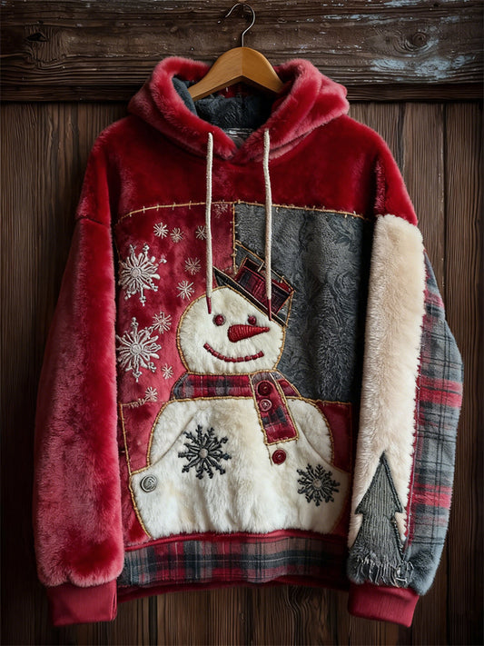 Comstylish Vintage Christmas Snowman Snowflakes Plaid Colorblock Plush Hoodie