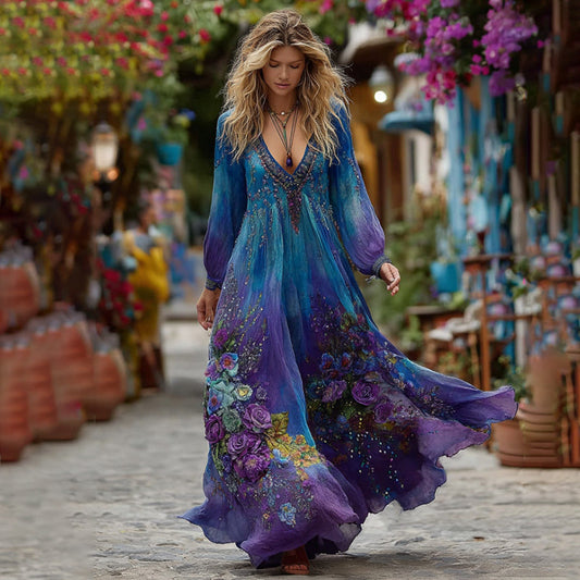 Women's Vintage Floral Embroidery Gradient Long Sleeve Dress artswardrobe