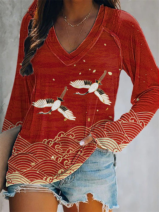 Comstylish Japanese Art Waves Print Casual V-Neck Long Sleeve T-Shirt