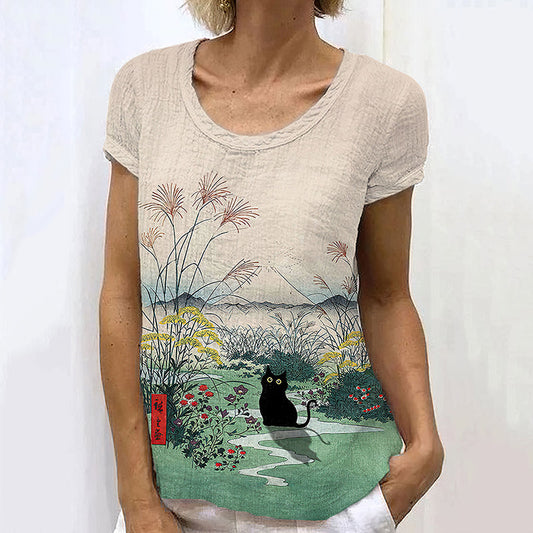 Comstylish Women'S Flowers & Black Cat Short Sleeve Casual Shirt
