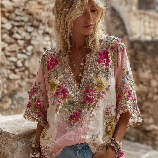 Comstylish Women's Flower Embroidered Art Linen Blend V-neck Shirt