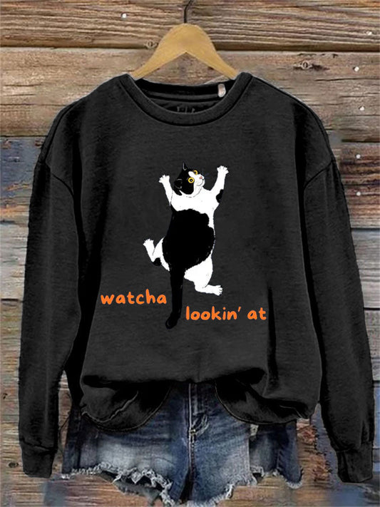 Funny Watcha Lookin'at Print Sweatshirt elevenforest