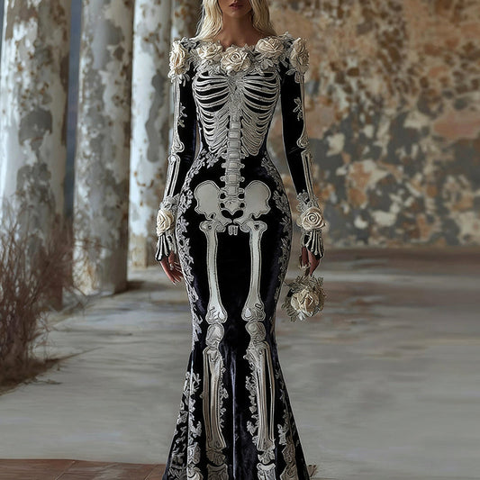 Comstylish Women's Vintage Halloween Skull Rose Art Velvet Crew Neck Maxi Dress