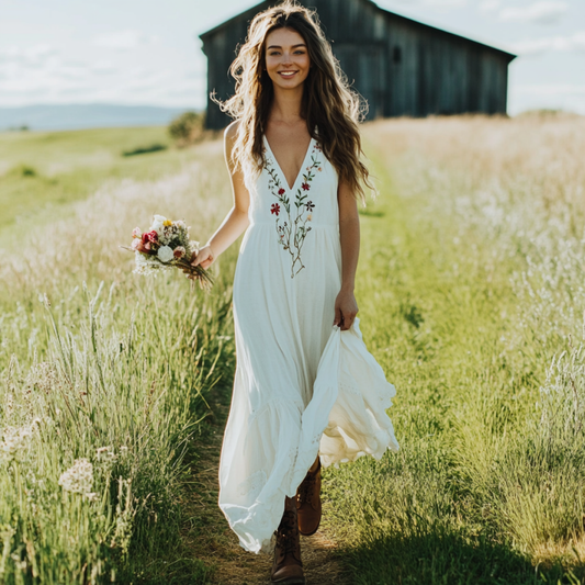 Spring Girl Green Pastoral Style Retro Bohemian Art Floral Embroidery Pattern Linen Tank Dress artswardrobe