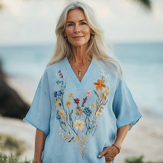 Women's Floral Embroidery Short Sleeve V Neck Casual Linen Top artswardrobe
