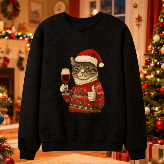 Japanese Art Christmas Black Cat Print Waffle Sweatshirt elevenforest