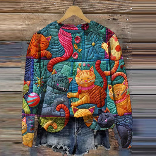 Women's Cat Colorblock Patchwork Art Print Casual Sweatshirt elevenforest