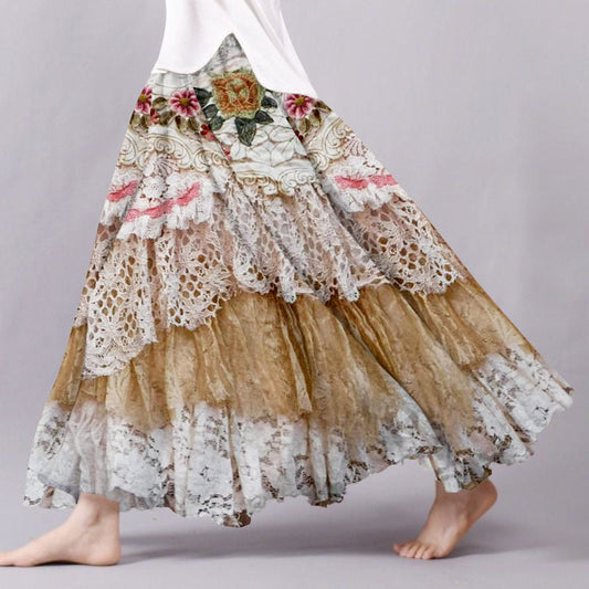 Vintage Boho Lace Flower Embroidery Flowy Wide Skirt artswardrobe