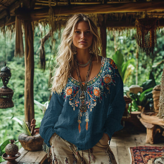 Comstylish Vintage Bohemian Floral Embroidery Linen Blend Shirt
