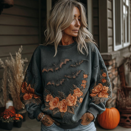 Comstylish Vintage Halloween Bat Floral Print Casual Sweatshirt