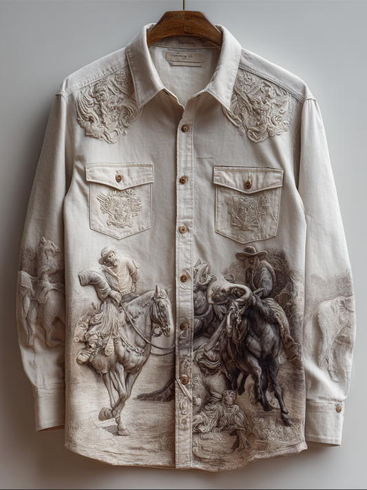 Western Cowboy Style Animal Elements Retro Cotton And Linen Men's Shirt artswardrobe