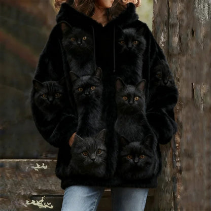 Probe Cute Cat Flannel Hoodie elevenforest