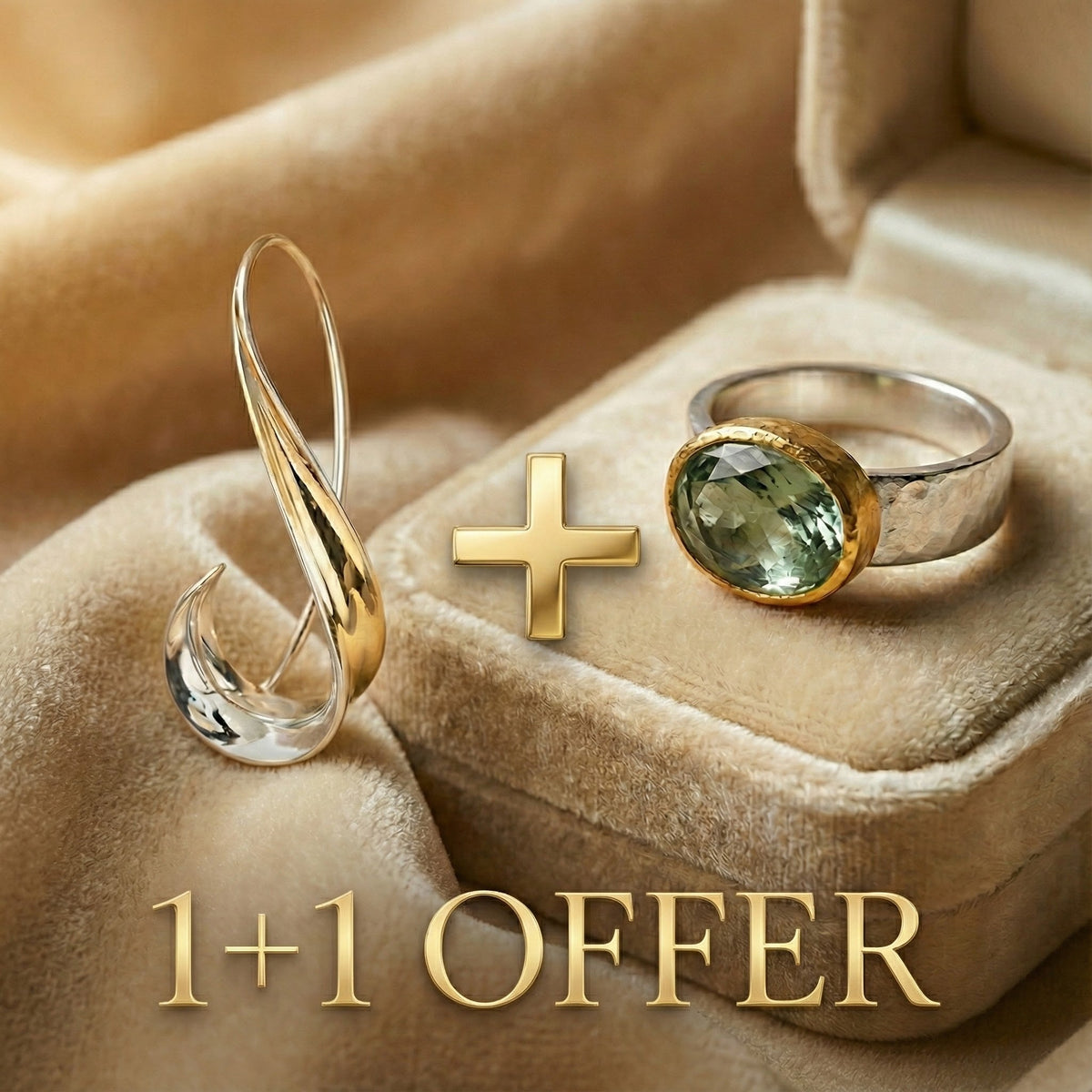 1+1 Offer: Green Ring With Rounded Stone, + Golden Dangling Earrings