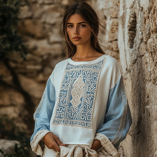 Comstylish Vintage Greek Key Motif Patchwork Cotton Linen Contrast Shirt