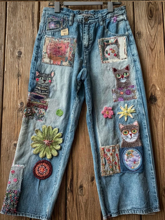 Comstylish Women's Bohemian Style Cat-print Jeans